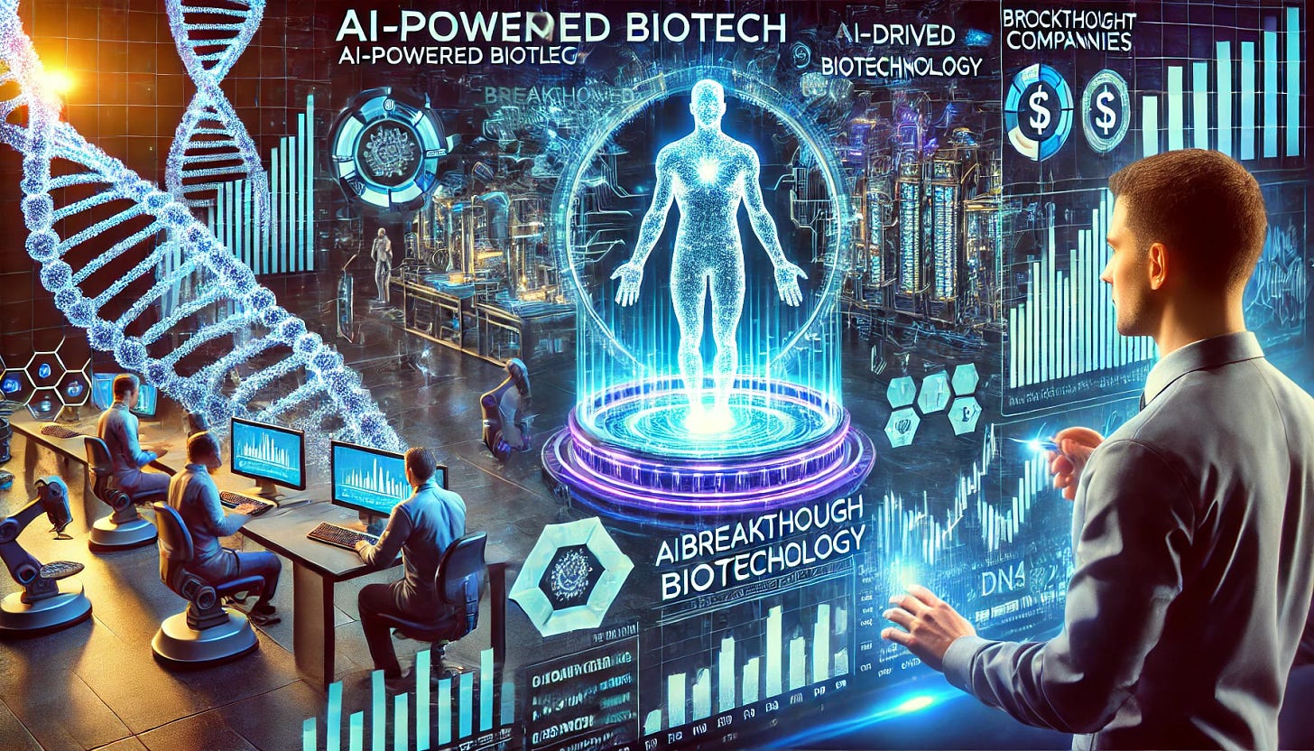 A futuristic and high-tech image illustrating a bold investment in AI-driven biotechnology. The scene features an investor analyzing AI-powered biotech data on a holographic financial dashboard, highlighting breakthrough companies and market trends. In the background, an advanced research lab with robotic automation is sequencing DNA, while stock market charts and digital currency symbols indicate high-value investments. The color scheme blends deep blue, neon purple, and gold, symbolizing innovation, technology, and financial opportunity.