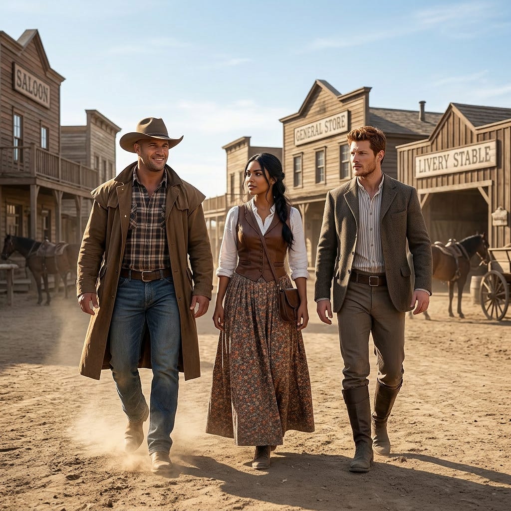 Generate an image integrating all of these characters into a cohesive scene, maintaining their likeness but blending them naturally into the scene. The scene should be as follows: Dressed in authentic western gear, no weapons, no guns, walking on dusty Old West street in the following style: Realistic Generate an image integrating all of these characters into a cohesive scene, maintaining their likeness but blending them naturally into the scene. The scene should be as follows: Dressed in authentic western gear, no weapons, no guns, walking on dusty Old West street in the following style: Realistic