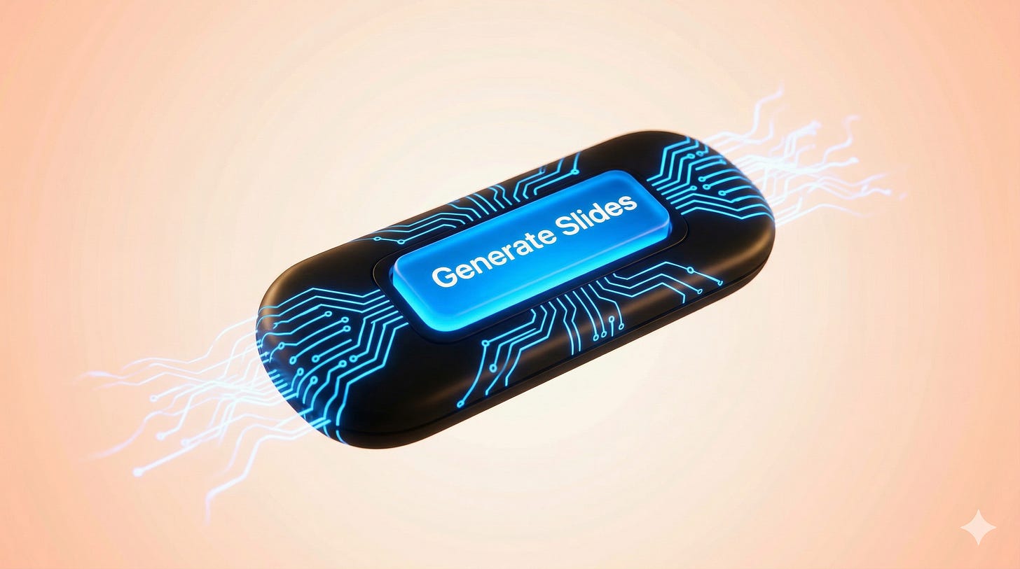 Presentation clicker with glowing Generate Slides button and blue circuitry — Claude slide decks for leaders | Leadership in Change by Joel Salinas Presentation clicker with glowing Generate Slides button and blue circuitry — Claude slide decks for leaders | Leadership in Change by Joel Salinas