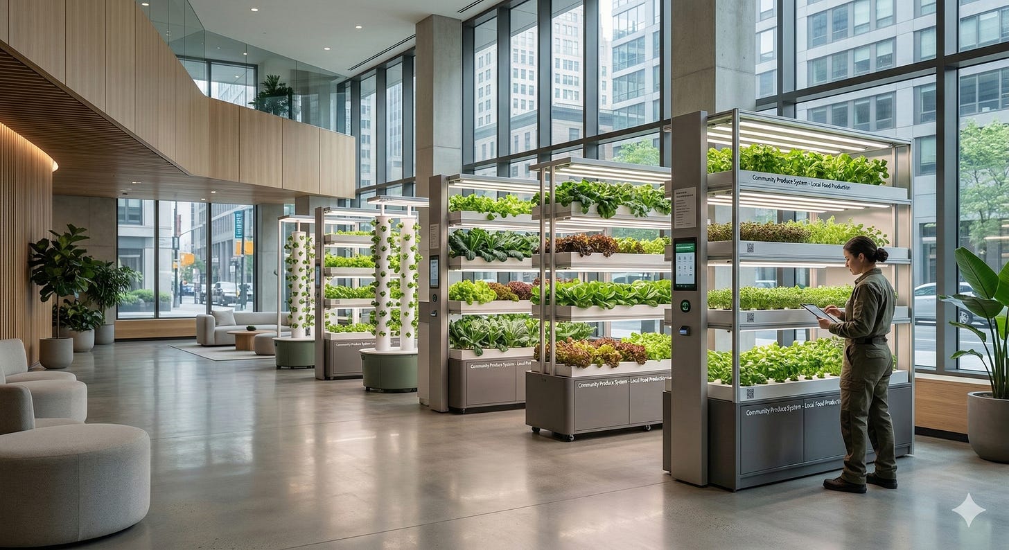 A sleek, multi-tier vertical farming installation integrated into a bright, glass-walled community lobby. A local operator uses a tablet to manage the decentralized food production system, representing the shift toward community infrastructure and purpose-driven franchise models. A sleek, multi-tier vertical farming installation integrated into a bright, glass-walled community lobby. A local operator uses a tablet to manage the decentralized food production system, representing the shift toward community infrastructure and purpose-driven franchise models.