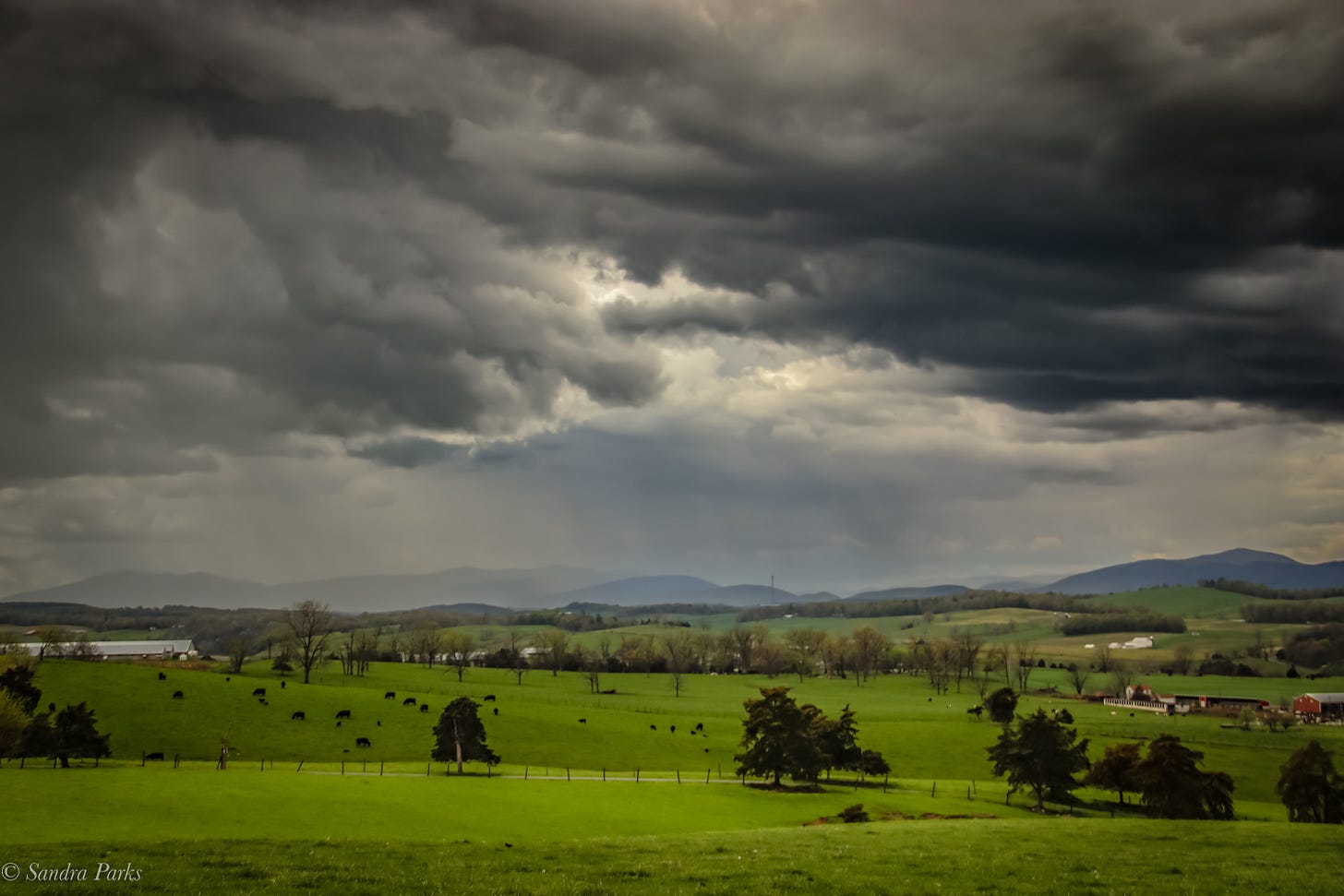 Storm clouds over green field