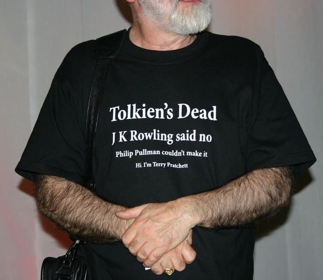 Terry Pratchett's shirt from Noreascon 4 - "Tolkien's dead..." : r/Fantasy