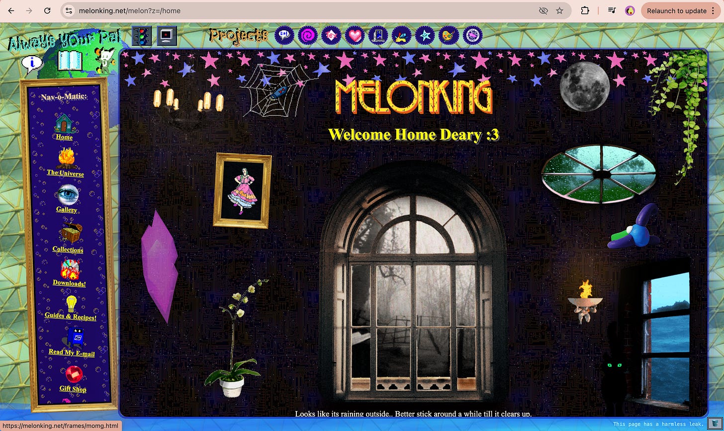 A screenshot of a personal website called "MELONKING" with retro 90s/early 2000s web design. The page features "Welcome Home Deary :3" in yellow text below the orange site title. The layout includes a dark starry background with colorful stars, a navigation sidebar with purple sections for Home, The Universe, Gallery, Collections, Downloads, Guides & Recipes, Read My E-mail, and Gift Shop. The center shows a large arched window or doorway with a view of bare trees, surrounded by decorative elements like candles, a spider web, a framed portrait, crystals, plants, and various mystical/gothic imagery. The URL shown is melonking.net/melon?z=home.