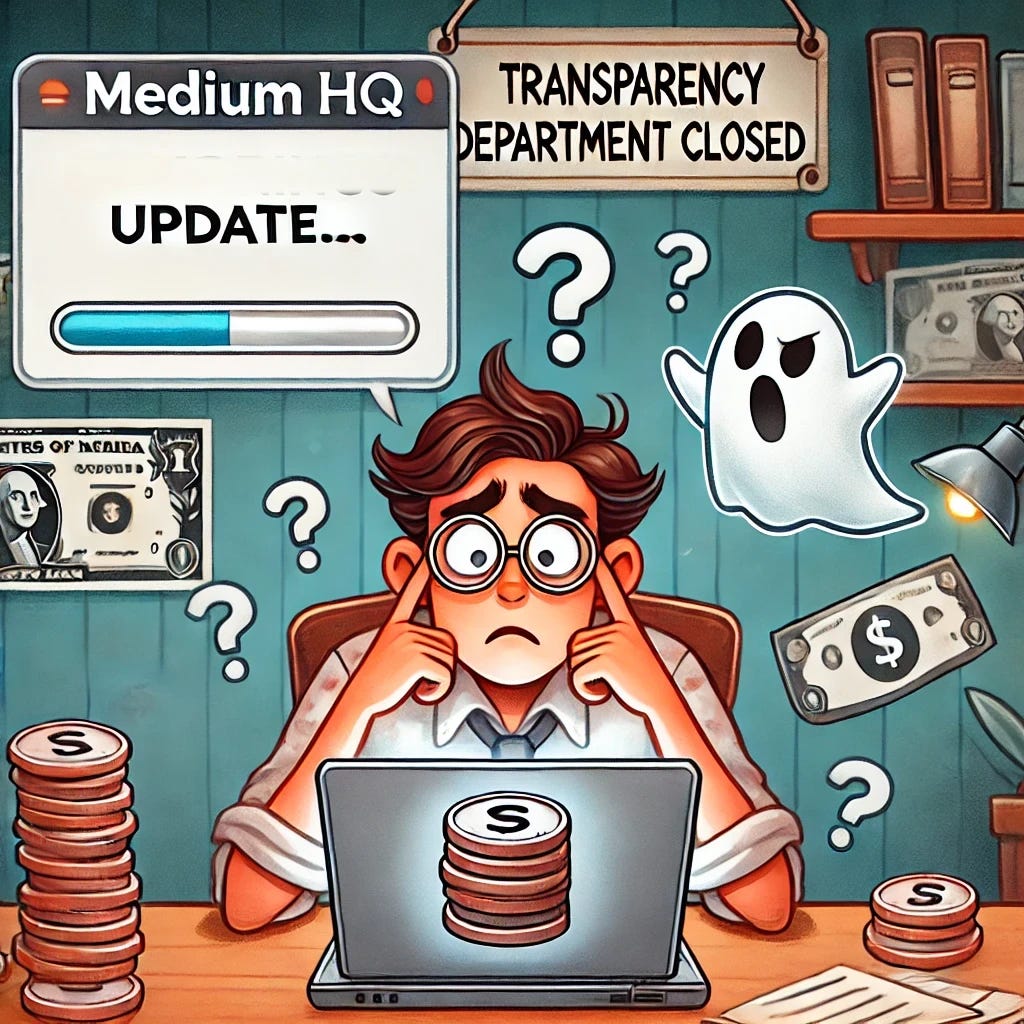 A humorous digital illustration of a confused writer sitting at a desk, staring at a laptop screen displaying a tiny stack of pennies. The screen also shows a loading bar labeled 'EARNINGS'. Floating around the writer are various symbols like question marks, dollar signs, and a ghost icon representing 'ghosted payments'. The background has a whimsical newsroom setting with a sign that says 'Medium HQ - Transparency Department Closed'.