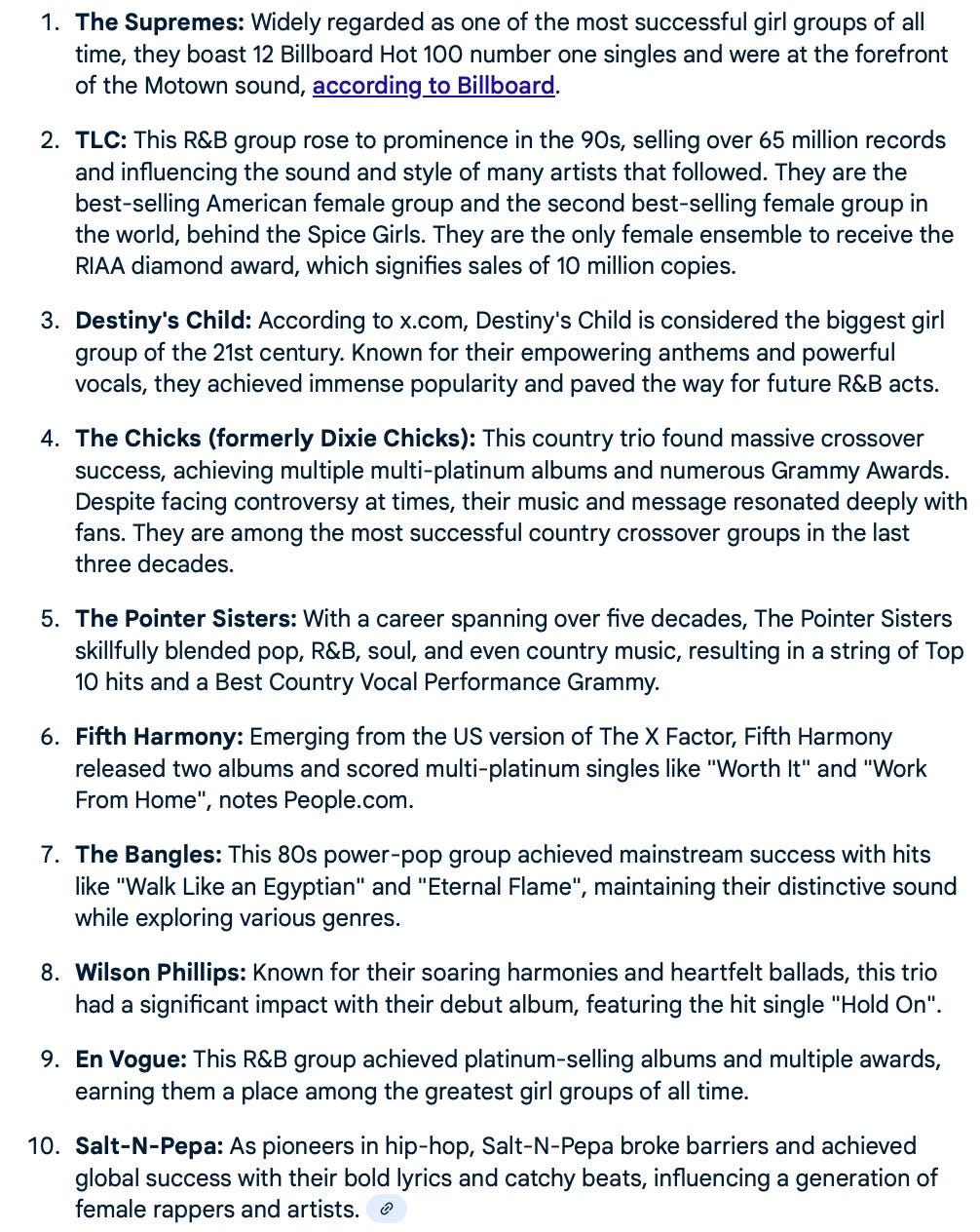 Top 10 list of girl groups formed in North America from Google.