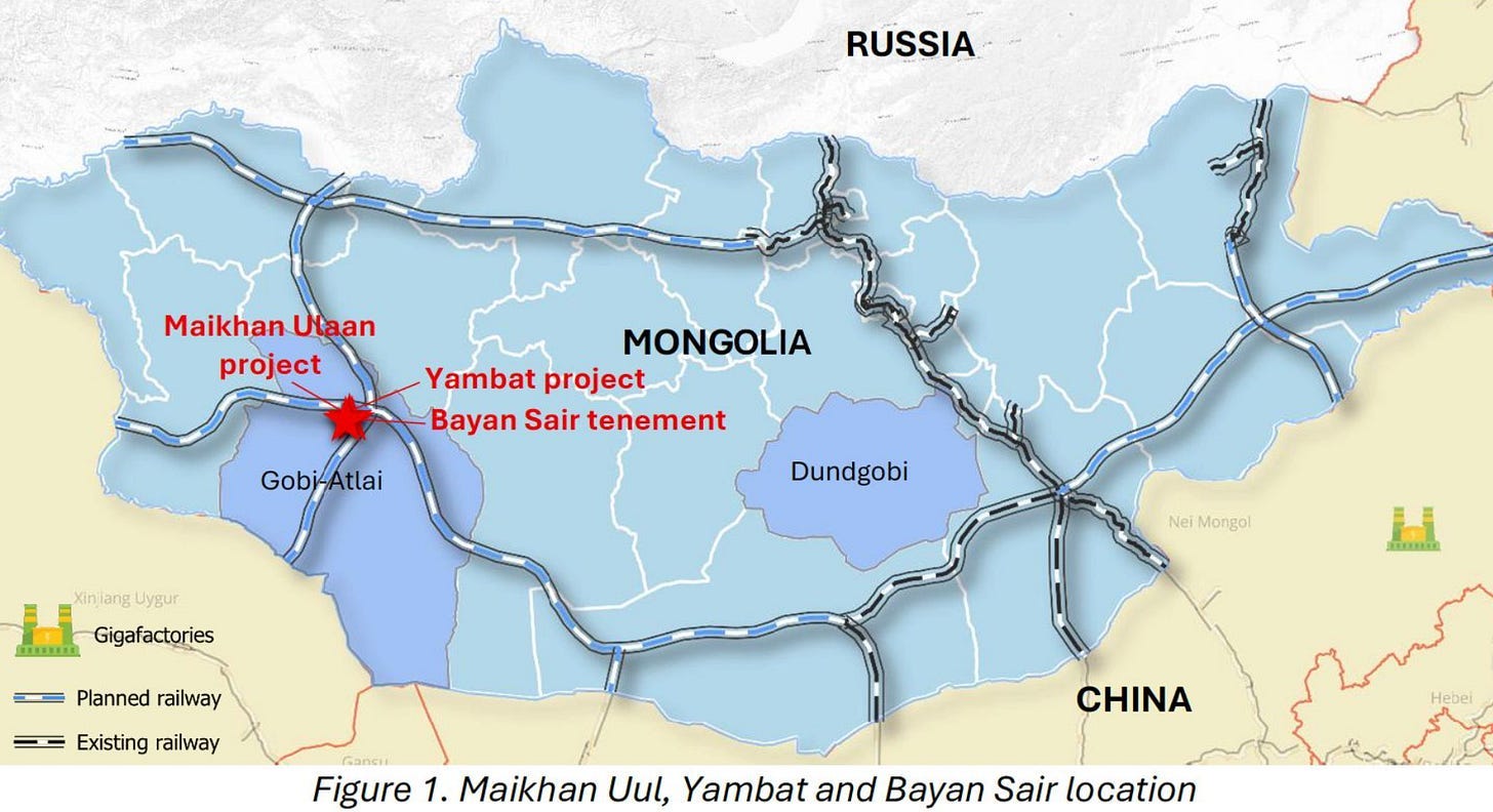 Location map of Asian Battery Metals projects in Mongolia, including Maikhan Uul, Yambat and Bayan Sair tenements, near transport routes and Chinese border.