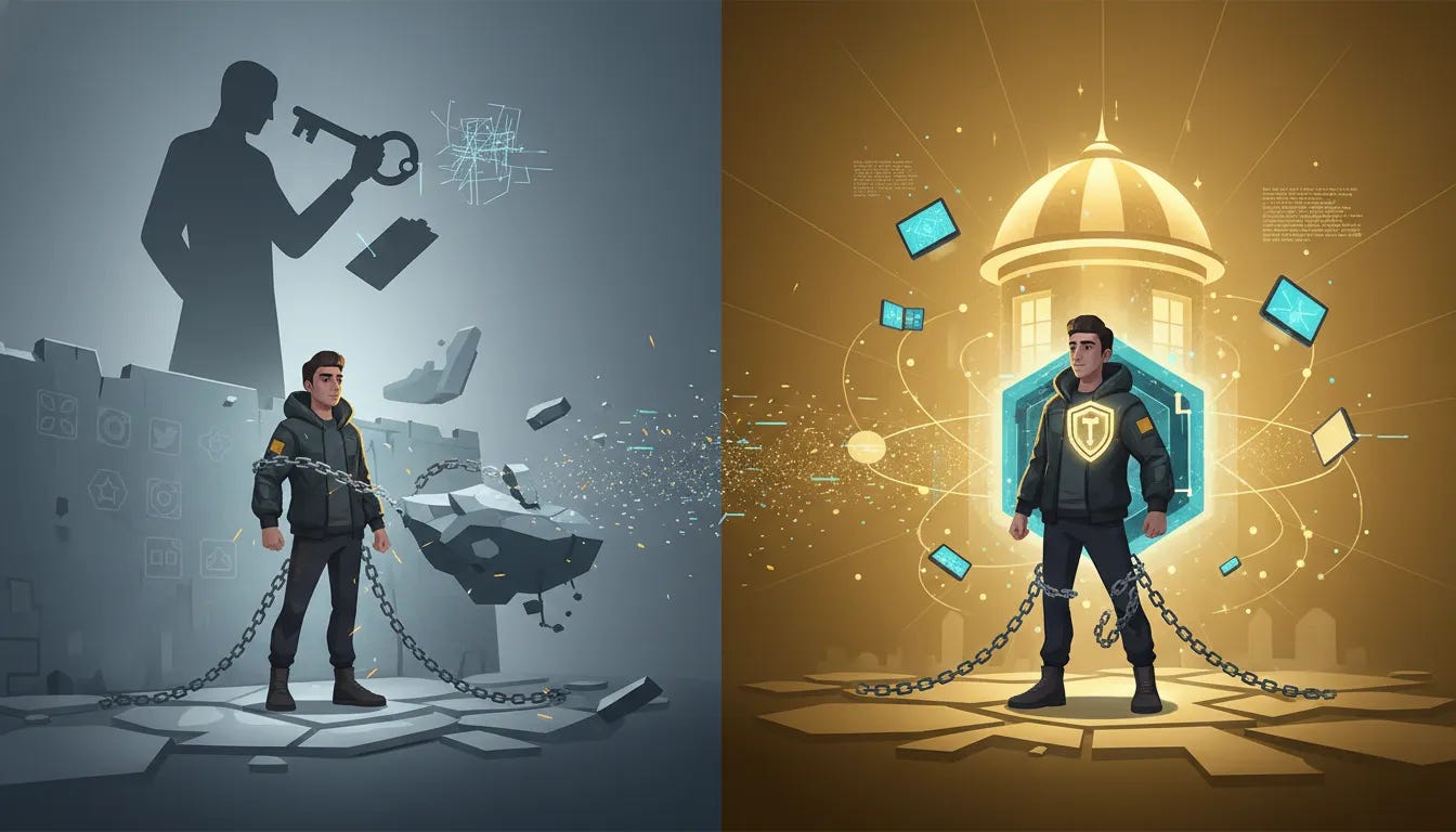 Cinematic split-scene illustration showing a creator moving from a rented, landlord-controlled platform to an owned, private ecosystem with audience data under their control. Cinematic split-scene illustration showing a creator moving from a rented, landlord-controlled platform to an owned, private ecosystem with audience data under their control.