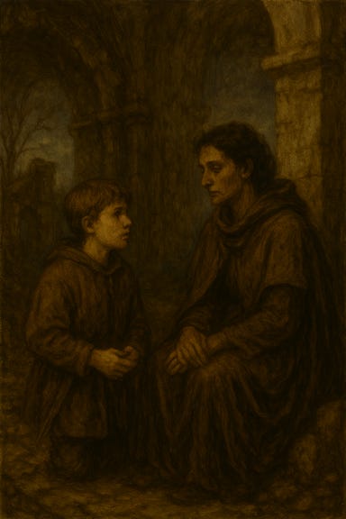 Inside the candlelit cloister of the Abbey of Saint Markovia, Ilya (visually reminiscent of Maxwell Jenkins) stands nervously before Zuleika (visually reminiscent of Indira Varma). Ilya is pale and uncertain, his cloak dusted with snow, hands clasped tightly. Zuleika kneels in front of him, solemn and radiant, her dark robes flowing around her like wings. Her hand is extended in quiet welcome, and her expression is calm but intense. Behind them, stone arches frame flickering candles and lavender bundles. The atmosphere is reverent, intimate, and filled with quiet tension.