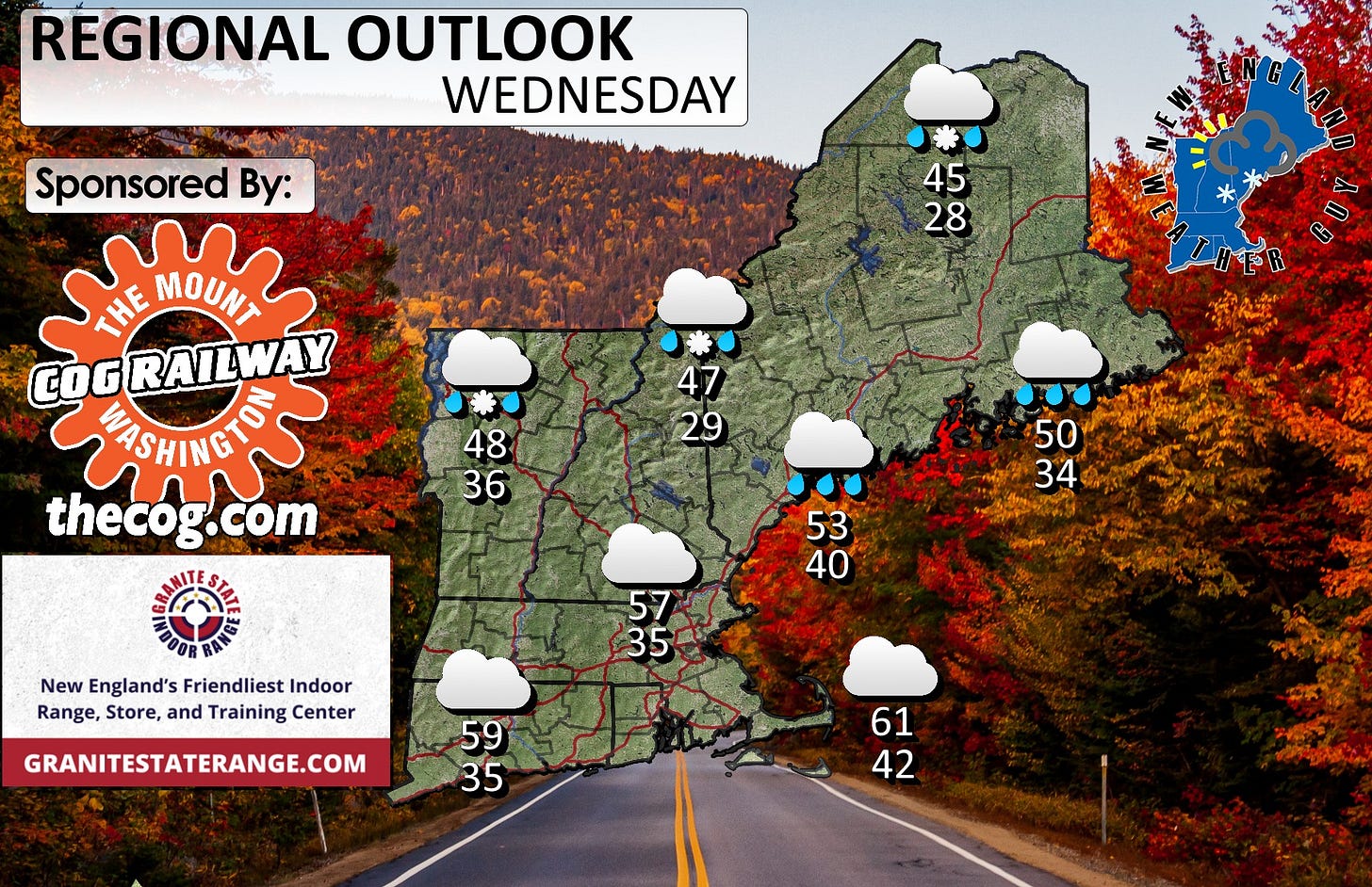 May be an image of map and text that says 'REGIONAL OUTLOOK WEDNESDAY Sponsored By: 45 28 THE MOUNT COGRATLWAY RAILWAY 47 29 48 36 thecog.co com 50 34 34 53 40 New England's Friendliest Indoor Range, Store, and Training Center 57 35 GRANITESTATERANGE.COM 59 35 61 42 平 ジブッスインン'