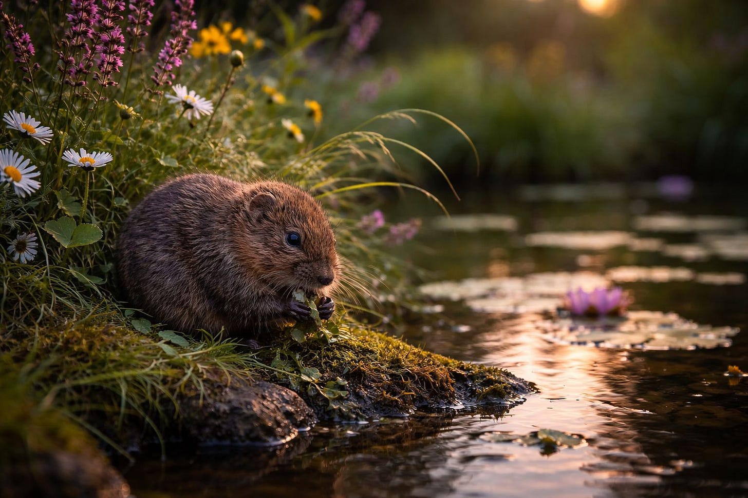 Water Vole Foraging at the Waters Edge by a Pond