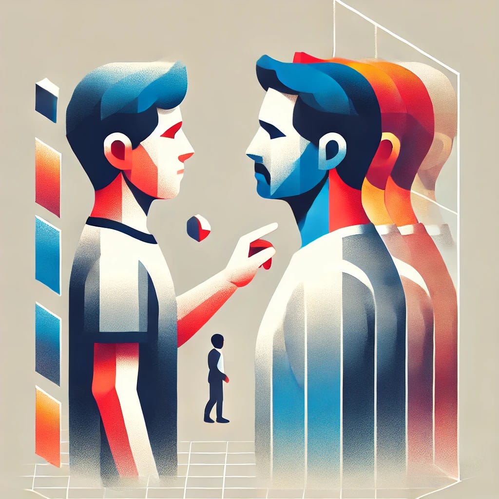 Isometric, minimalist abstract illustration of a teenage boy symbolically facing his middle-aged self. Represent the figures with geometric shapes, such as a smaller, vibrant form for the teenager and a larger, muted form for the middle-aged man. Use overlapping or mirrored elements to emphasize introspection and passage of time. Incorporate a limited color palette with contrasting tones to signify youth and maturity. The composition should feel abstract, reflective, and visually striking.