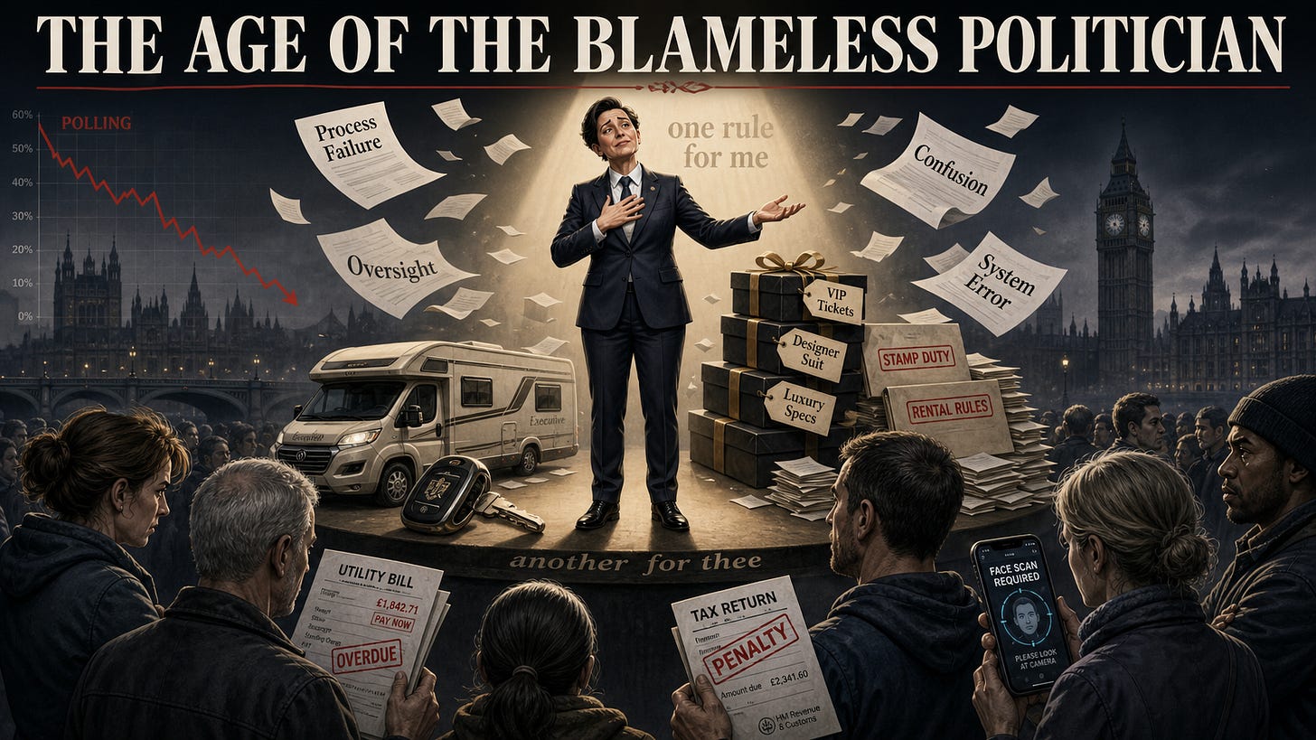 Editorial cover image showing a blameless politician on stage before sceptical voters. Editorial cover image showing a blameless politician on stage before sceptical voters.