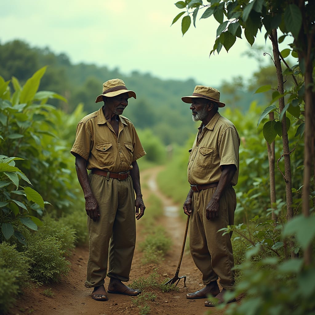 Weathered elderly Jamaican property owners, dressed in worn, earth-toned clothing, standing amidst lush green foliage, surveying their unregistered land with a mix of determination and nostalgia, surrounded by rusted farm tools and overgrown vegetation. Weathered elderly Jamaican property owners, dressed in worn, earth-toned clothing, standing amidst lush green foliage, surveying their unregistered land with a mix of determination and nostalgia, surrounded by rusted farm tools and overgrown vegetation.