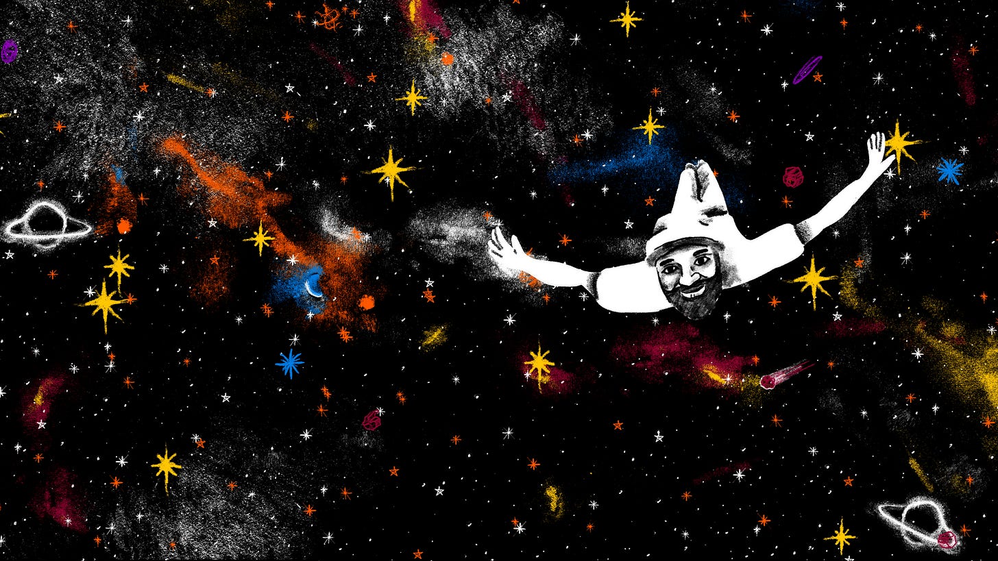A drawing of a man flying through space A drawing of a man flying through space