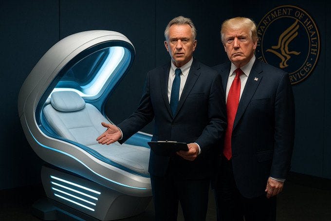 An AI generated image of Trump and RFK Jr. showing off their new vaccine-free "MedBed"