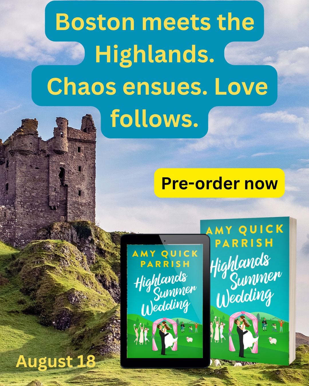 A ruined castle in green rolling hills, the book Highlands Summer Wedding with a happy bridal couple and a film crew. 