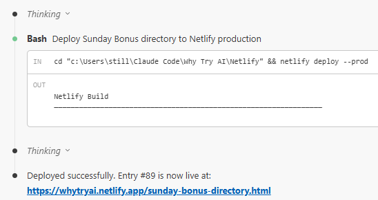 Claude Code terminal showing Netlify deploy command completing successfully for Sunday Bonus Directory update