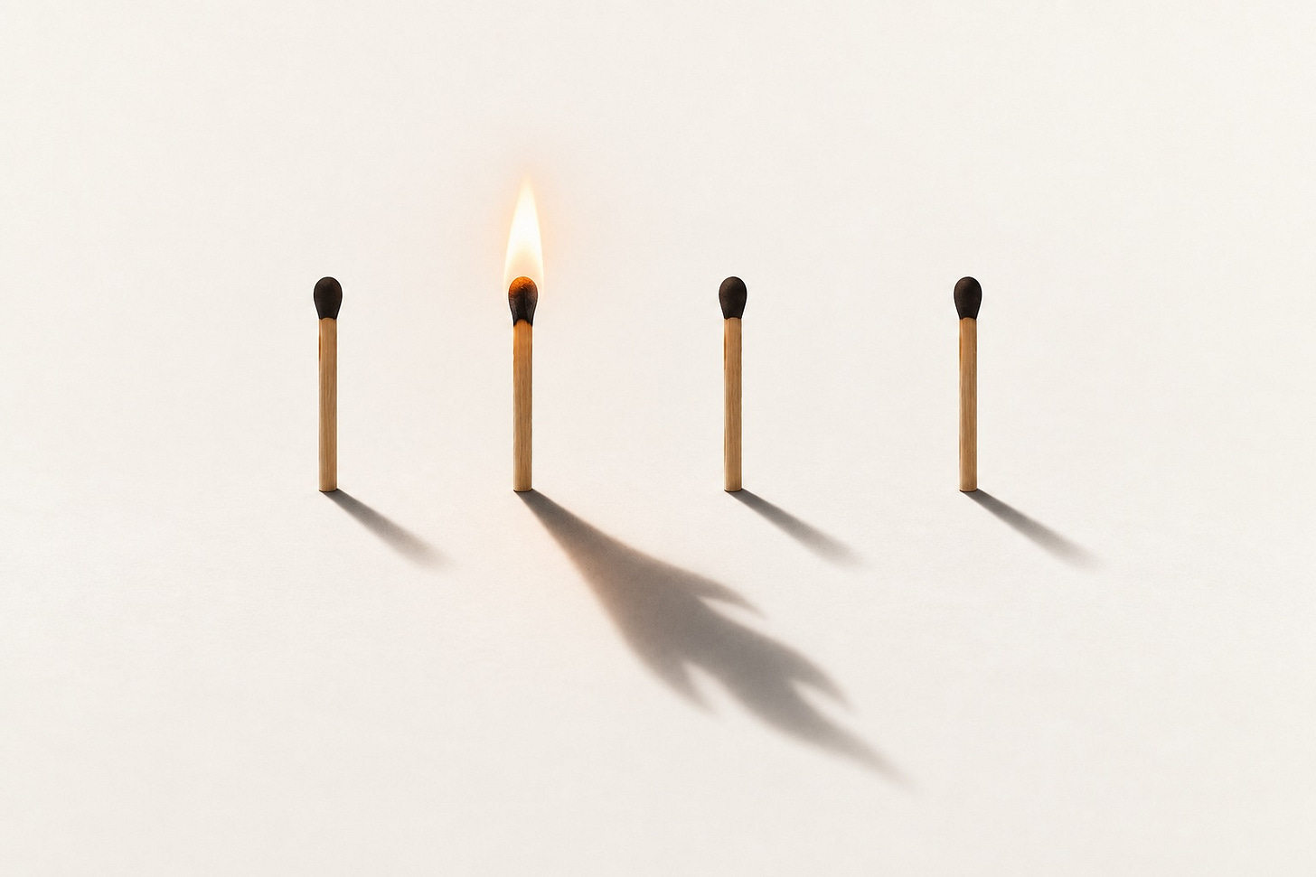 Four upright matches. One is lit and casts a much larger shadow than the other three. Four upright matches. One is lit and casts a much larger shadow than the other three.