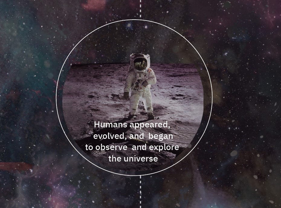 An astronaut stands on the moon, surrounded by space imagery, with the text: "Humans appeared, evolved, and began to observe and explore the universe. An astronaut stands on the moon, surrounded by space imagery, with the text: "Humans appeared, evolved, and began to observe and explore the universe.