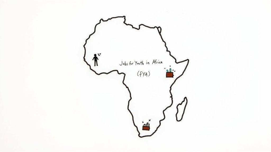 Outline map of Africa featuring 'Jobs for Youth in Africa (FYA)' text and icons representing various sectors.