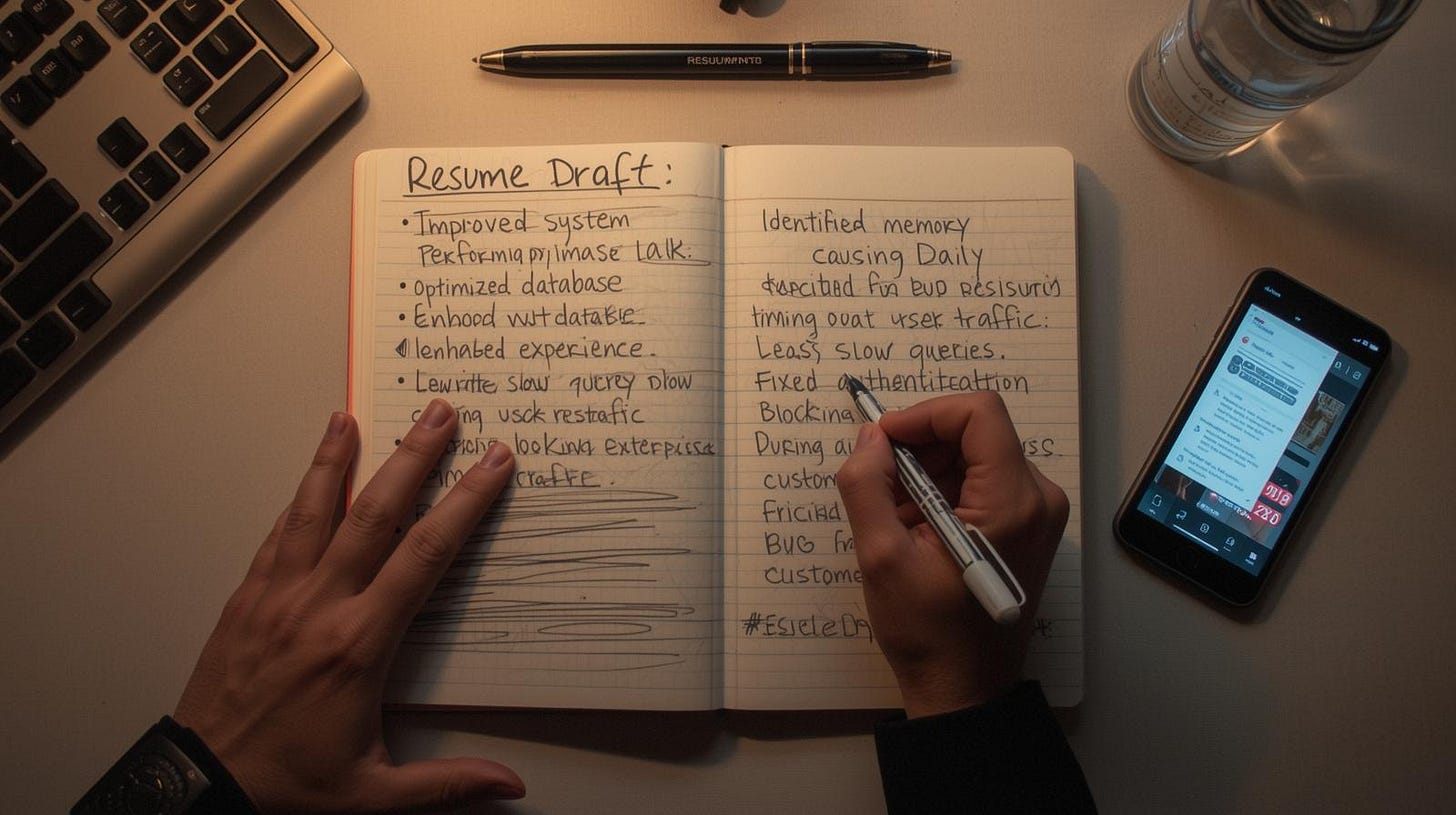 Developer revising resume from vague claims to specific technical achievements with detailed context Developer revising resume from vague claims to specific technical achievements with detailed context