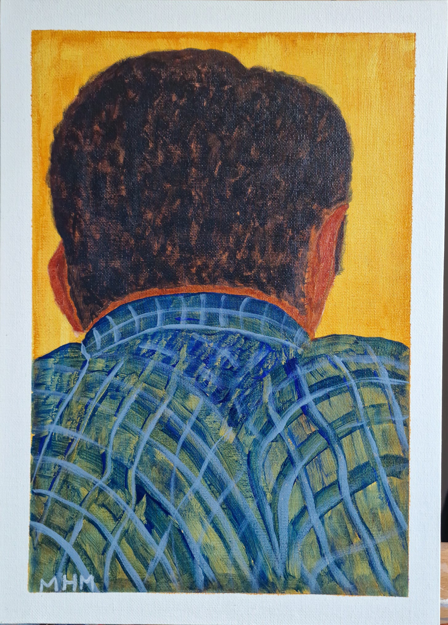 Head and shoulders portrait from the back of a man with short cut curly black hair who is wearing a yellow, white, green, and blue plaid shirt, his shoulders are hunched together as he is in an uncomfortable situation. Yellow background silhouettes his head. Bottom left of the canvas bears my initials: MHM. 