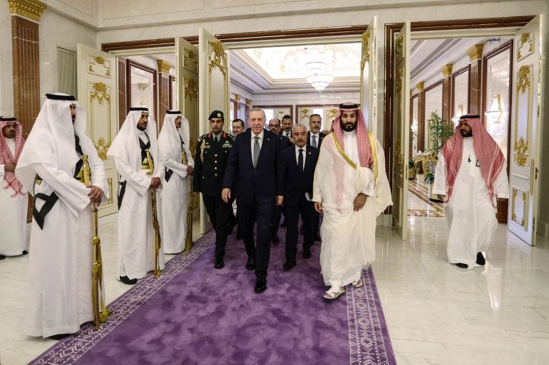 This handout photograph taken and released by the Turkish Presidency press office on August 7, 2026, shows Saudi Arabia's Crown Prince Mohammed bin Salman (C-R) walking alongside Turkey's President Recep Tayyip Erdogan (C) during their meeting in Mecca. This handout photograph taken and released by the Turkish Presidency press office on August 7, 2026, shows Saudi Arabia's Crown Prince Mohammed bin Salman (C-R) walking alongside Turkey's President Recep Tayyip Erdogan (C) during their meeting in Mecca.
