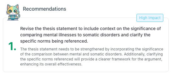 thesify High Impact recommendation card asking the writer to add context and clarify key terms when comparing mental illnesses with somatic disorders.