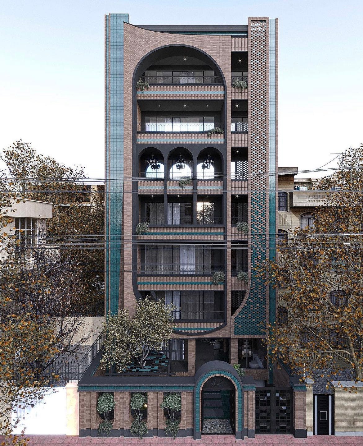 A beautifully tiled seven storey residential building in Tehran, using a mix of brown and green tiles.
