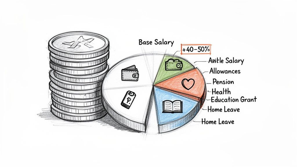 Stack of coins beside a pie chart detailing salary, allowances, pension, health, and education benefits.