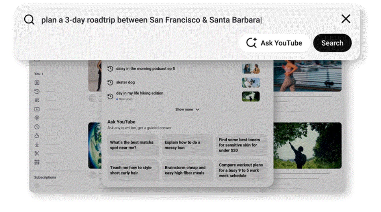Screenshot of YouTube's new AI search feature, showing a search for travel plans.