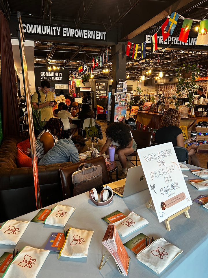 Multiple images of people at a neutral toned cafe, coloring on coloring pages