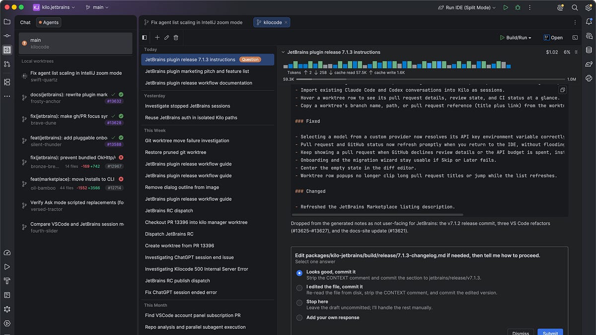 Kilo for JetBrains is now a multi-agent control room