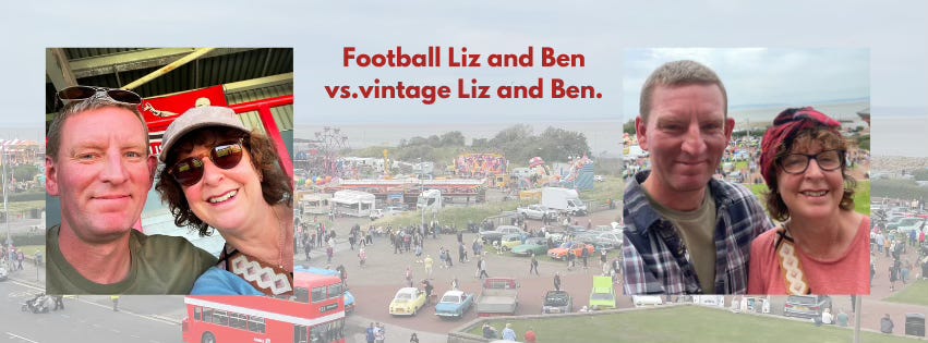 Two pictures of Ben and Liz. They are remarkably similar, although in one Liz is wearing red brocade turban. In the background you can see the cars and the fairground of the vintage festival.