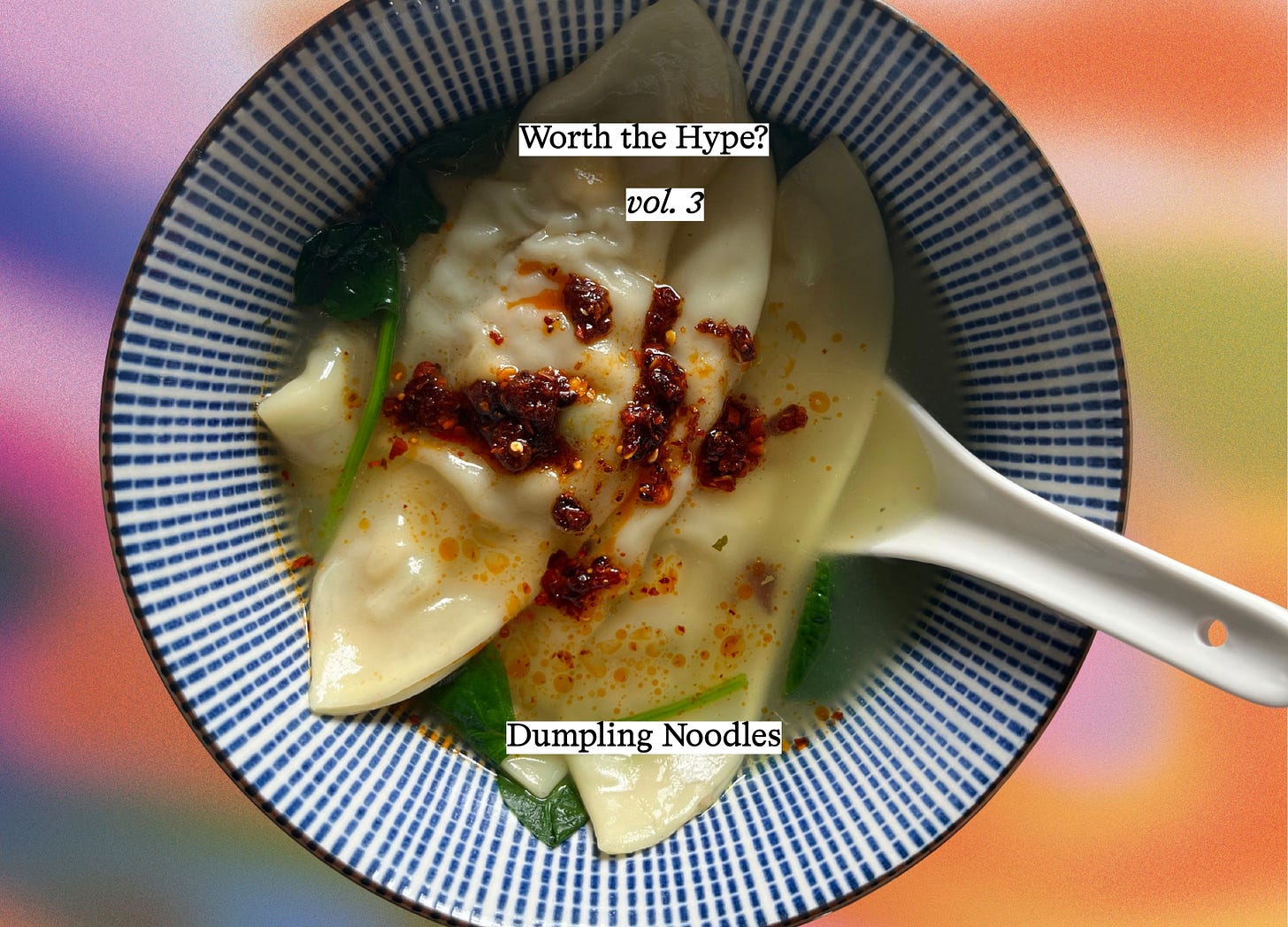 Overhead view of dumpling noodles in broth with leafy greens and chili crisp, with a white ceramic spoon. Text reads "Worth the Hype? vol. 3 — Dumpling Noodles."
