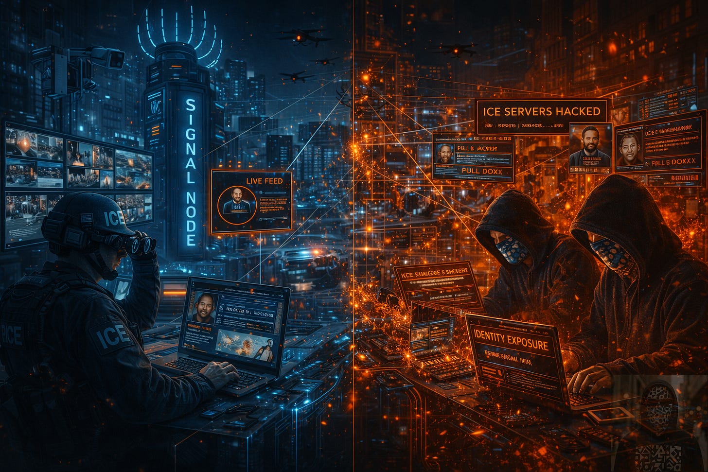 Cinematic, ultra-realistic image illustrating modern digital conflict in a dense city at night. On one side, state surveillance operators monitor live camera feeds, facial recognition results, and signal-collection systems from a command post. On the opposite side, non-state hacktivists conduct cyber intrusions and data exposure using laptops and encrypted networks. Streams of data, drones, and signal nodes intersect above the city, visually representing an undeclared form of urban digital warfare where control and disruption collide.