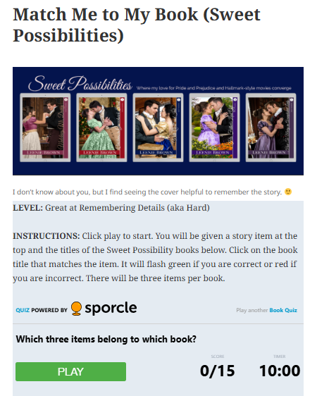Screenshot of the Match Me to My Book game on my website. Includes a collage of Sweet Possibility covers at the top and then the instructions and a play button below. 