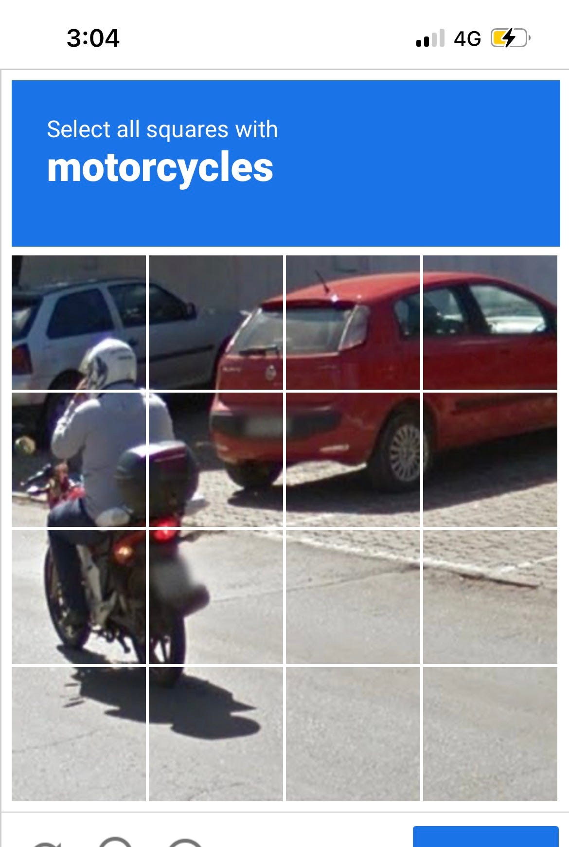 A screenshot of a Captcha test inviting me to select all squares with motorcycles. Further details of the image will be provided in almost too lavish detail in the text. 