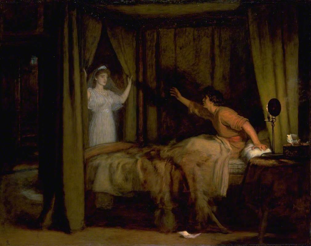 A young man startled as a woman in bridal dress appears at dawn A young man startled as a woman in bridal dress appears at dawn