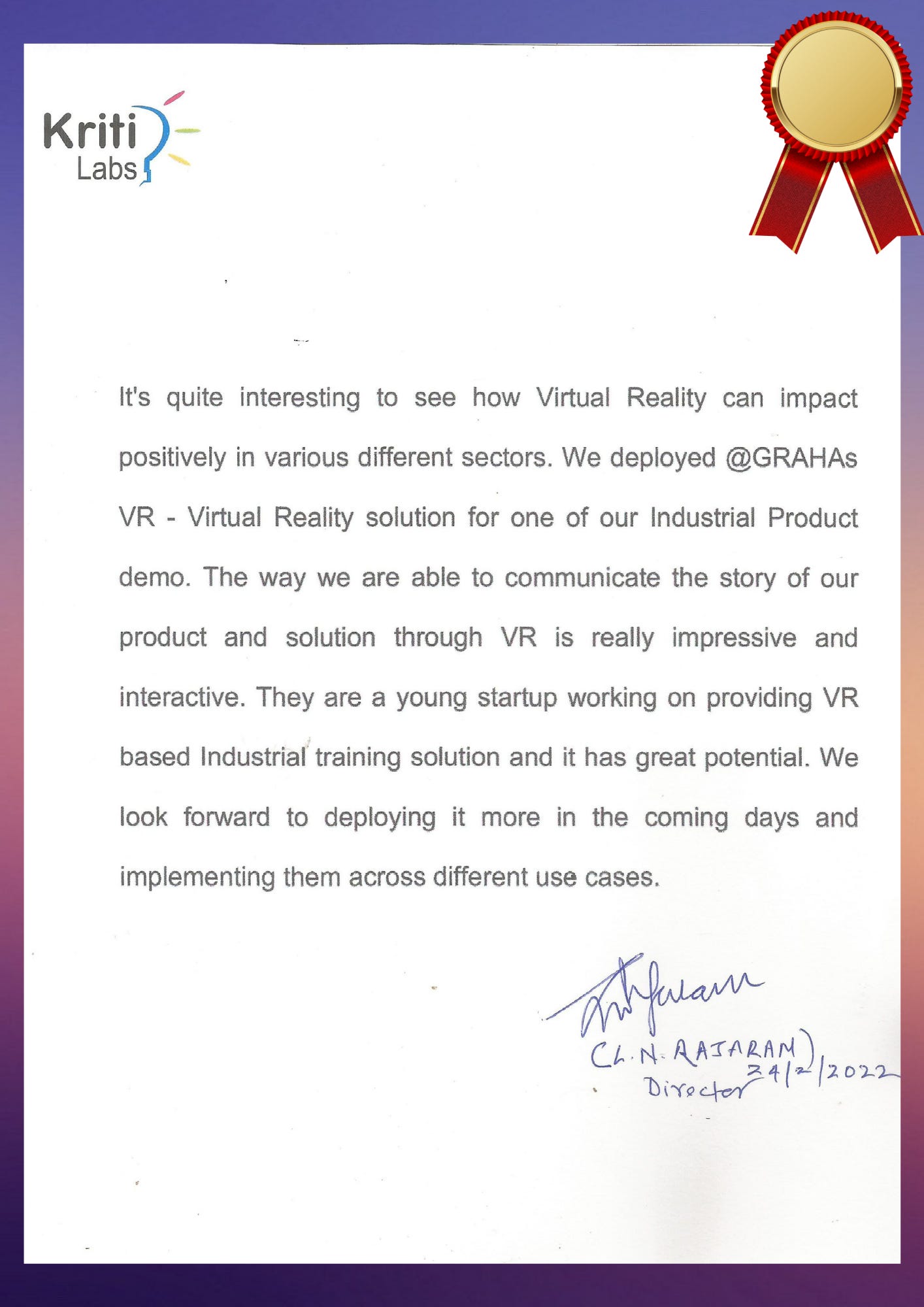 Kritilabs Testimony