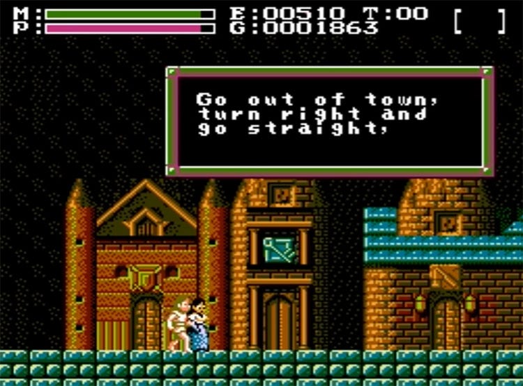 A screenshot of Faxanadu's protagonist speaking to a townsperson giving directions for your next destination. A screenshot of Faxanadu's protagonist speaking to a townsperson giving directions for your next destination.