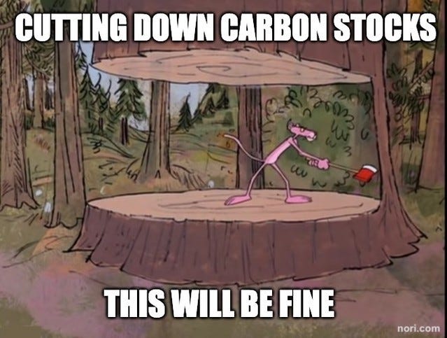 Pink Panther cartoon still of the panther sawing through an enormous tree trunk. Top: "Cutting down carbon stocks." Bottom: "This will be fine."