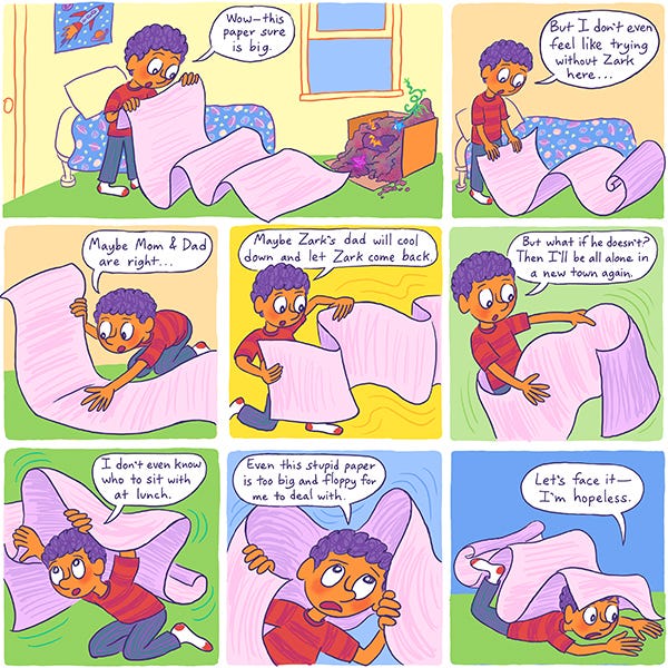 Mark the purple-haired kid is in his bedroom holding a giant unrolled paper that he now has to make into origami by himself for his science project because his friend Zark, the martian has been brought home by his dad. He is talking out loud to himself and trying to fold the paper. He is wondering if Zark his martian friend will be allowed to return. He ends up lying under the paper saying that he should face it, he is hopeless.