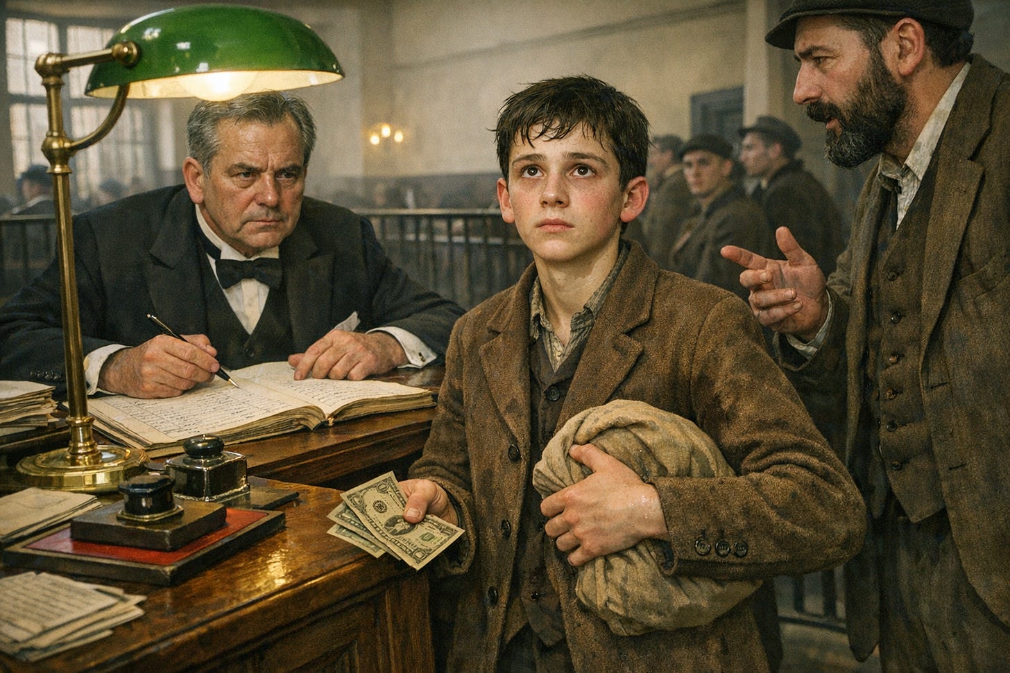 Image Prompt: Hyperrealistic color photograph in 16x9 landscape format, eyelevel observer perspective at immigration inspector’s elevated desk, 16yearold Polish boy standing at desk in center foreground, brown wool jacket rebuttoned with visible sweat stains under arms, brown cloth cap in hand, short dark hair, pale gaunt anxious face with brown eyes looking up at inspector, holding worn greentinted American dollar bills in right hand showing them to inspector, left hand clutching beige cloth bundle, inspector seated behind tall dark oak desk elevated on platform, middleaged man in black suit with white wing collar and black bow tie, graying hair, stern expression, holding black fountain pen over large creamcolored manifest document with visible handwritten entries in black ink, Polish interpreter standing to right wearing worn brown suit with vest, dark beard, gesturing while speaking, overhead electric light in green glass shade casting bright light on desk surface, inkwell with black ink, brass blotter, rubber stamp with red ink pad, stacks of paper documents, other immigrants in queue visible in background behind iron railing, tall windows with natural light, authentic period desk furnishings, natural color palette of dark browns, blacks, whites, greens, pale flesh tones, sense of bureaucratic interrogation and anxiety, photorealistic textures of polished oak, worn paper, fabric with sweat stains, aged currency.png Image Prompt: Hyperrealistic color photograph in 16x9 landscape format, eyelevel observer perspective at immigration inspector’s elevated desk, 16yearold Polish boy standing at desk in center foreground, brown wool jacket rebuttoned with visible sweat stains under arms, brown cloth cap in hand, short dark hair, pale gaunt anxious face with brown eyes looking up at inspector, holding worn greentinted American dollar bills in right hand showing them to inspector, left hand clutching beige cloth bundle, inspector seated behind tall dark oak desk elevated on platform, middleaged man in black suit with white wing collar and black bow tie, graying hair, stern expression, holding black fountain pen over large creamcolored manifest document with visible handwritten entries in black ink, Polish interpreter standing to right wearing worn brown suit with vest, dark beard, gesturing while speaking, overhead electric light in green glass shade casting bright light on desk surface, inkwell with black ink, brass blotter, rubber stamp with red ink pad, stacks of paper documents, other immigrants in queue visible in background behind iron railing, tall windows with natural light, authentic period desk furnishings, natural color palette of dark browns, blacks, whites, greens, pale flesh tones, sense of bureaucratic interrogation and anxiety, photorealistic textures of polished oak, worn paper, fabric with sweat stains, aged currency.png