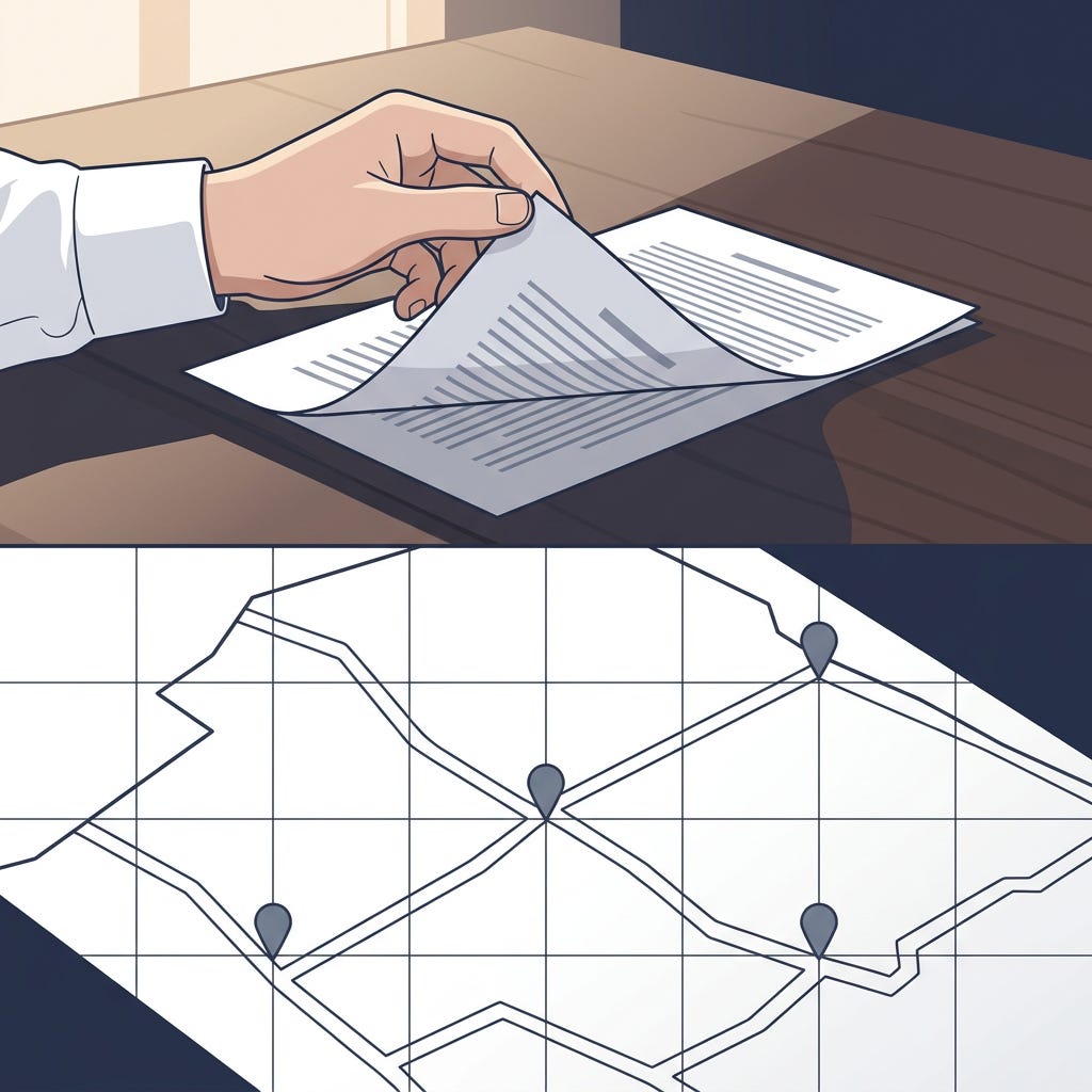Split illustration showing a hand holding a document above and a territory map with location pins below, representing the difference between CV-based and search-led hiring processes.
