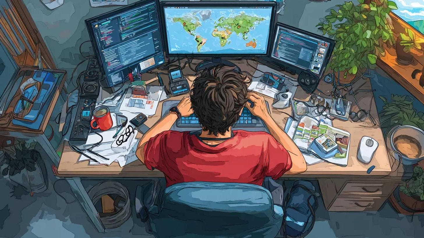 Indie developer at a multi-monitor desk shipping localized app prices across countries, with an App Store Connect dashboard on the left, a world map in the center, and a Google Play Console dashboard on the righ