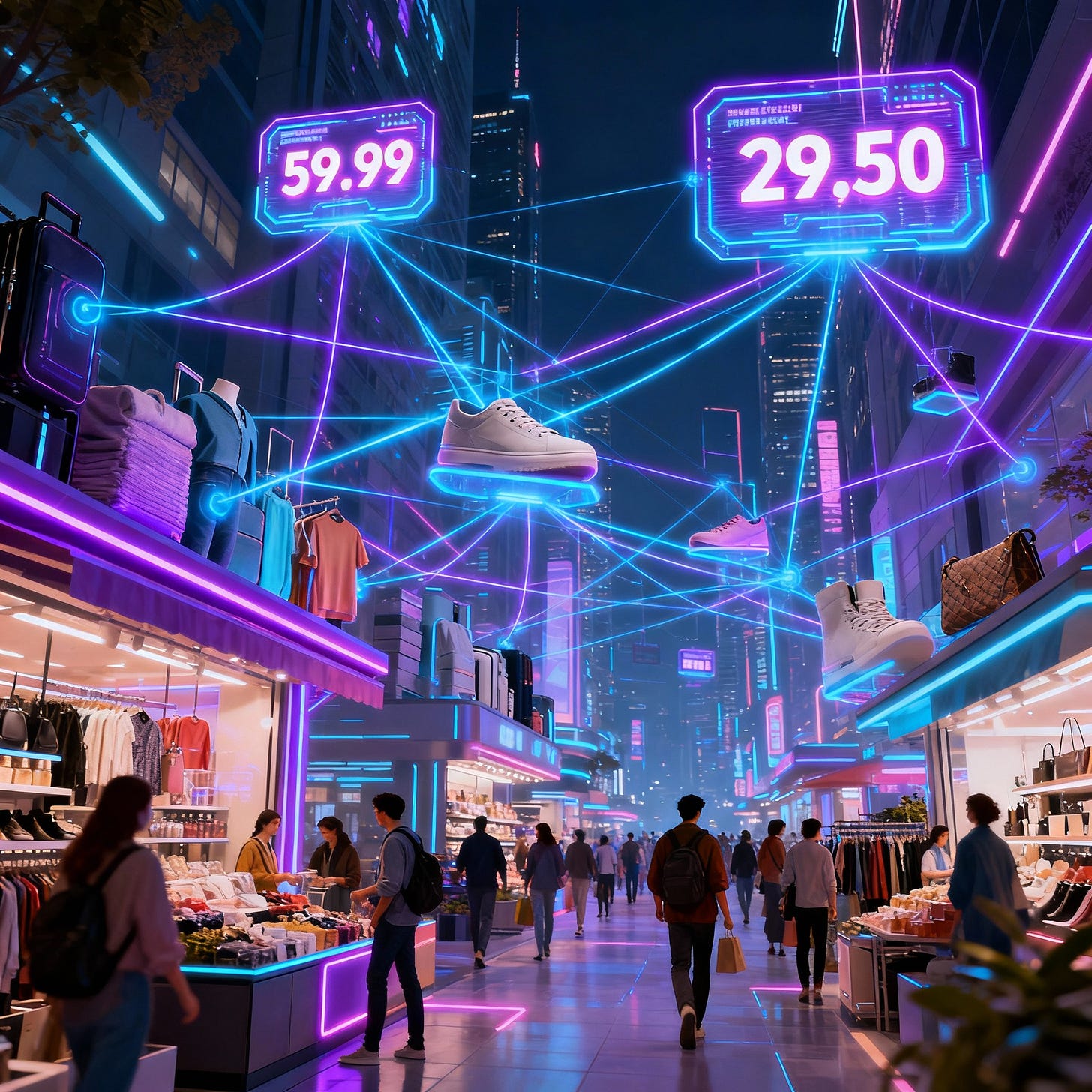 Modern city marketplace, digital price tags and glowing coordinated connections. Modern city marketplace, digital price tags and glowing coordinated connections.