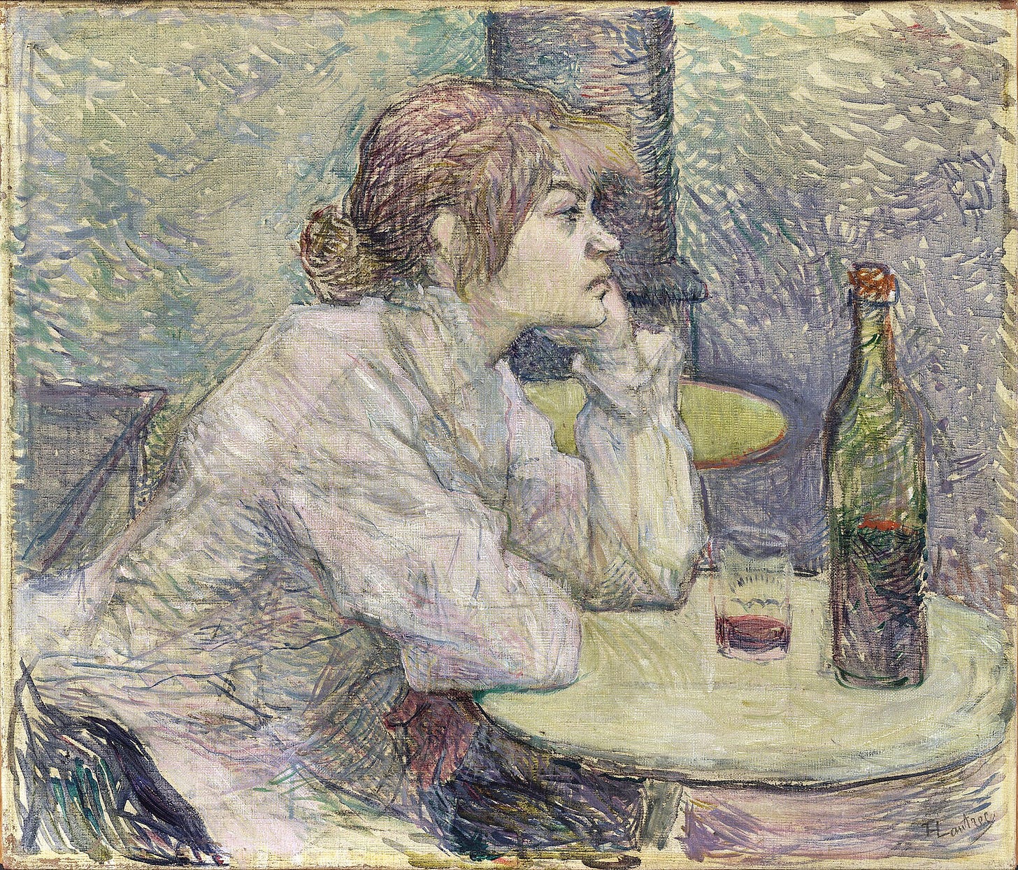 A painting in muted pastel colors depicting a woman in profile, sitting at a table with a half-full bottle and a glass of liquor. Her chin is propped in her hand, and her expression is somber as she gazes into the distance.