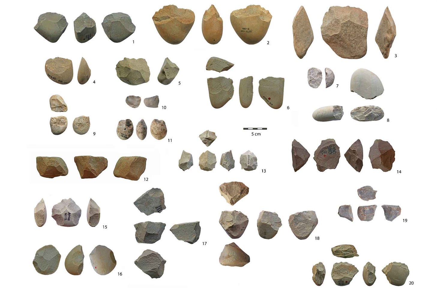 Photos of 20 stone cores from Grotte à Hominidés, each shown in multiple angles