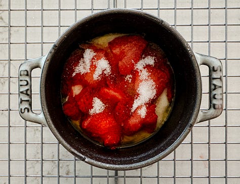 step by step photos for making a single serve strawberry cobbler